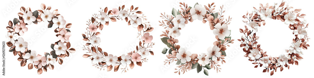 A collection of elegant handmade floral wreaths in warm autumn tones featuring a variety of leaves branches and blooms decoratively arranged into beautiful natural looking ornaments A collection of elegant handmade floral wreaths in warm autumn tones featuring a variety of leaves branches and blooms decoratively arranged into beautiful natural looking ornaments