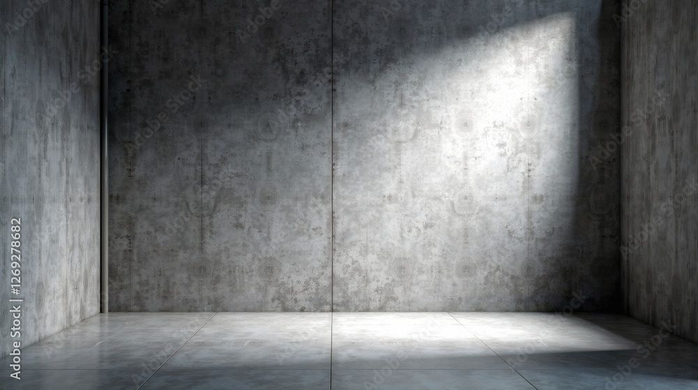 Empty industrial room with concrete walls and floor, sunlit corner Empty industrial room with concrete walls and floor, sunlit corner