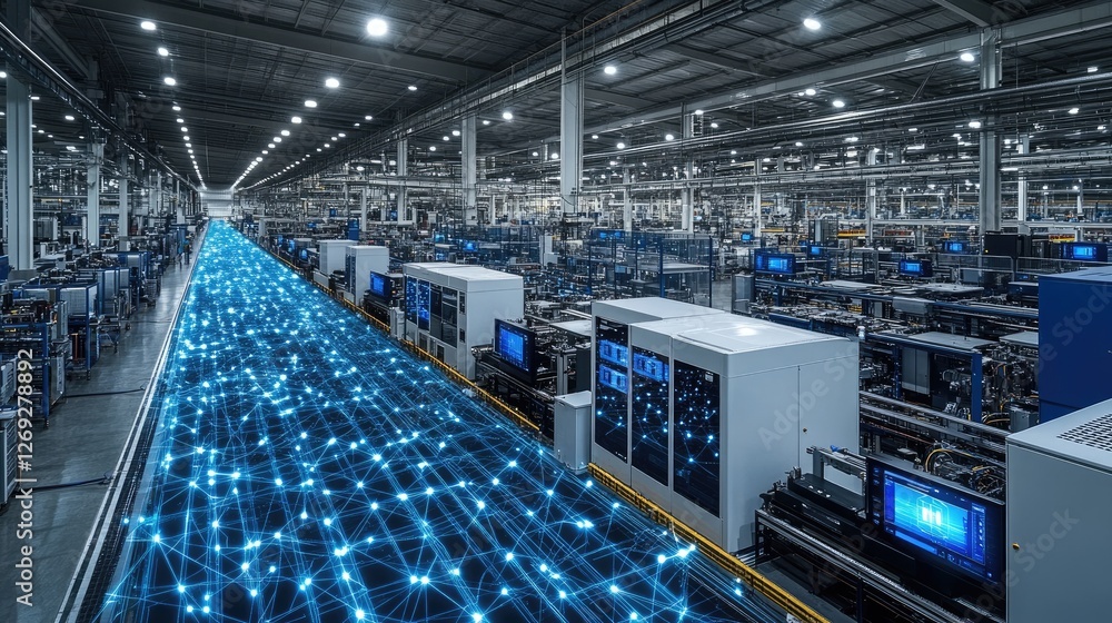 Fototapeta premium A modern factory interior featuring advanced machinery and digital connectivity.