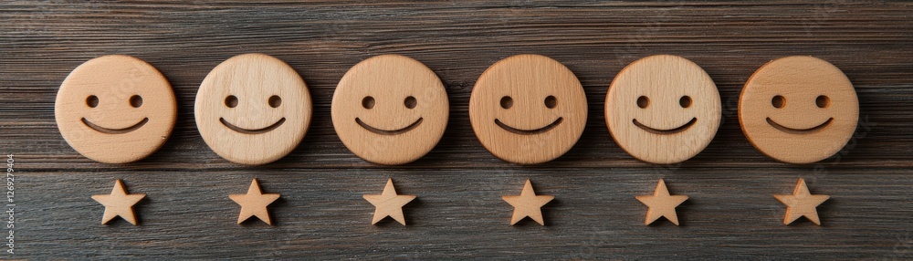 Wooden smiley faces arranged in a row with stars on a rustic wooden background, representing happiness and rating Wooden smiley faces arranged in a row with stars on a rustic wooden background, representing happiness and rating