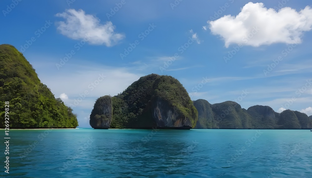 Tropical Island Paradise Lush Green Cliffs Azure Ocean Idyllic Seascape Tropical Island Paradise Lush Green Cliffs Azure Ocean Idyllic Seascape