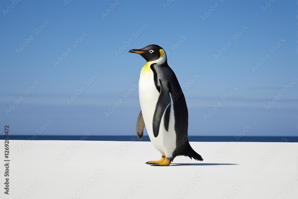 Obraz premium there is a penguin standing on the beach with the ocean in the background