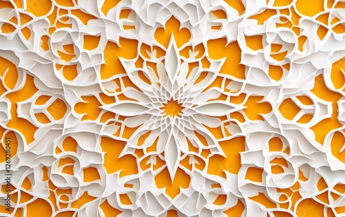 Ornate white mandala on vibrant orange background photo