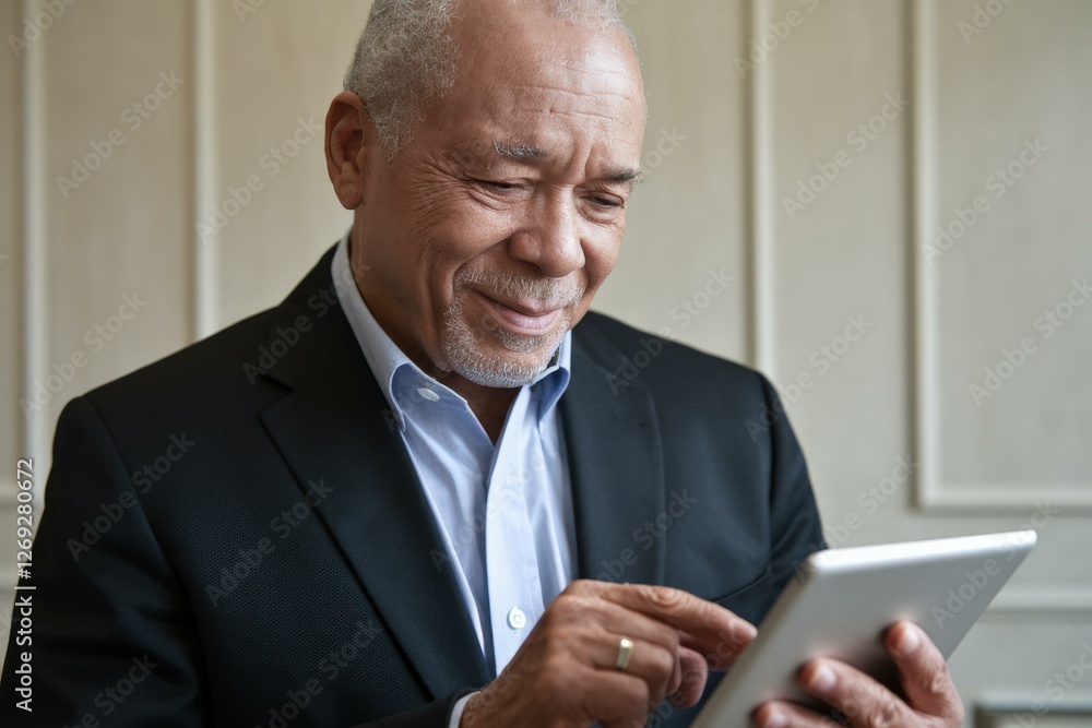 Happy Older African American Man Modern Suit Using Tablet Digital Connection Engagement Neutral Background - Promoting Technology Adoption Seniors Personal Growth Communication Happy Older African American Man Modern Suit Using Tablet Digital Connection Engagement Neutral Background - Promoting Technology Adoption Seniors Personal Growth Communication