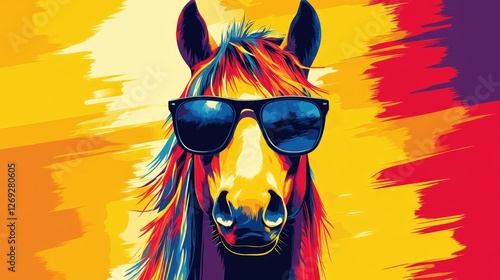 A colorful, stylized illustration of a horse wearing sunglasses against a vibrant background.