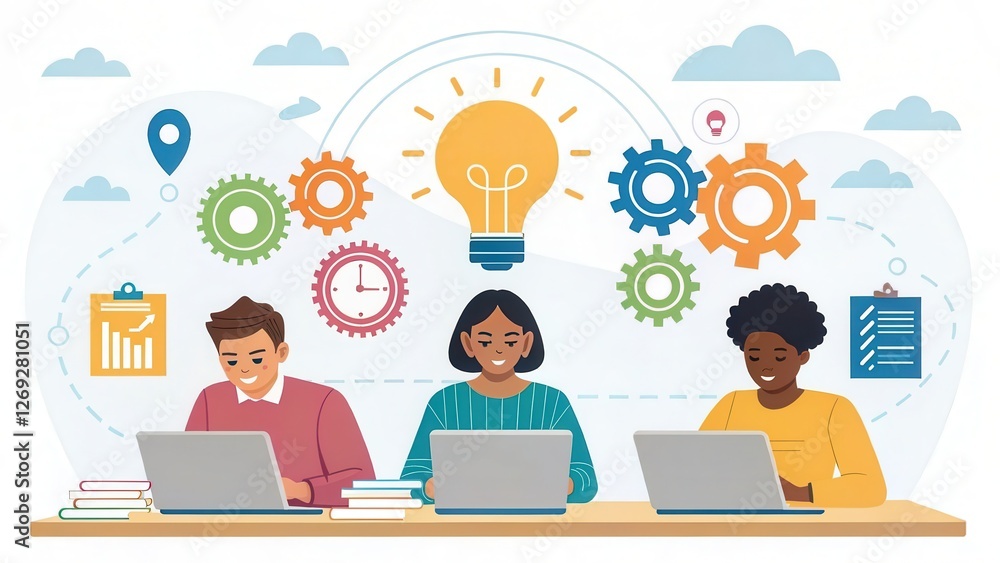Online training technology, accessible anytime and anywhere Concept. Three diverse people working on laptops with gears and lightbulbs symbolizing innovation and teamwork. Online training technology, accessible anytime and anywhere Concept. Three diverse people working on laptops with gears and lightbulbs symbolizing innovation and teamwork.