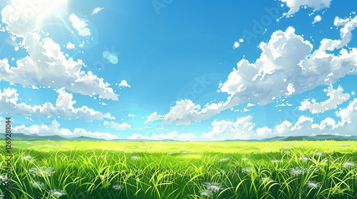 Fototapeta Naklejka Na Ścianę i Meble -  Beautiful sunny day in a green field with day sky and clouds, depicted in an anime background style.