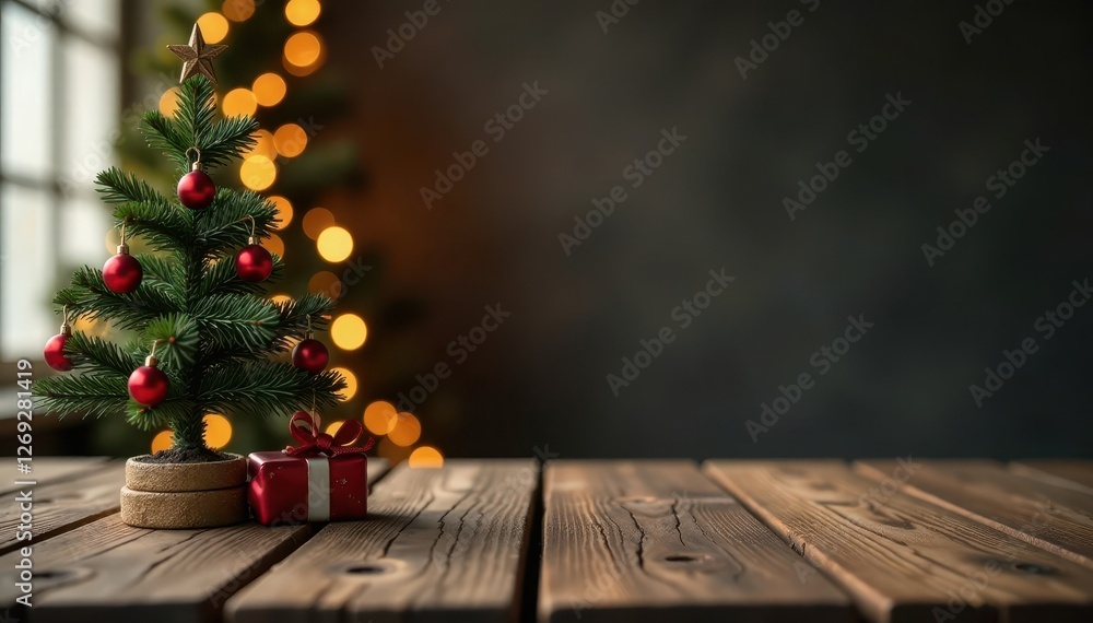 Rustic wooden table, decorated Christmas tree , warm, natural Rustic wooden table, decorated Christmas tree , warm, natural