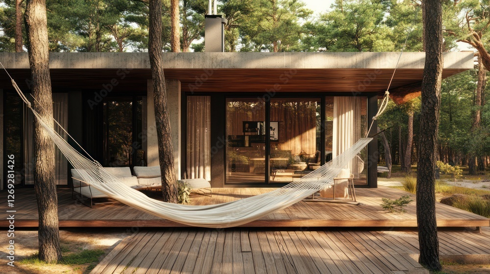 Serene Forest Cabin Retreat: Hammock Relaxation on Wooden Deck Serene Forest Cabin Retreat: Hammock Relaxation on Wooden Deck