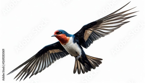 A swallow soars gracefully through the sky, showcasing its striking blue and orange plumage, with wings outstretched, embodying freedom and the beauty of nature in mid-flight. photo