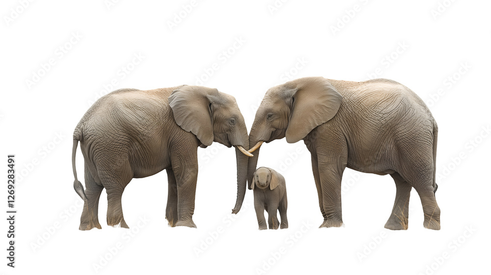 Obraz premium African Elephant Family Wildlife Herd, Baby and Adult with Tusks in Grassy Safari, isolated on transparent background.