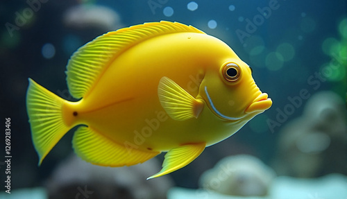 Yellow tang swimming in aquarium, cheerful mood, vibrant aquatic environment photo