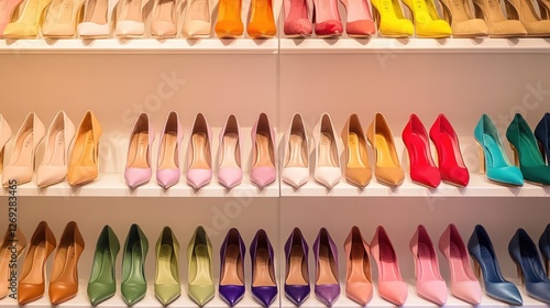 Rainbow High Heels Collection: A vibrant display of colorful women's footwear showcasing a variety of styles and shades arranged neatly on shelves. photo