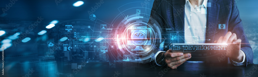 Businessman using a tablet to analyze website performance, user experience, traffic metrics, conversion rates, SEO rankings, code functionality, market trends, analytics data, development frameworks. Businessman using a tablet to analyze website performance, user experience, traffic metrics, conversion rates, SEO rankings, code functionality, market trends, analytics data, development frameworks.