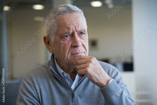 Wallpaper Mural Thoughtful Elderly Caucasian Man Gray Sweater Contemplating Life Choices Modern Office - Personal Reflection Decision-Making New Year Inspiration Personal Growth Torontodigital.ca