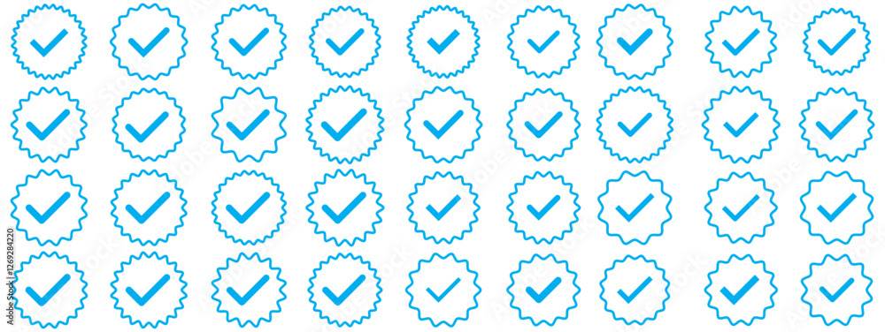 Verified badges. Verified badge vector icons. Verification symbol set. Social media account verification icons. Blue check mark icon. Profile verified badge. Approved check mark with tick simbol. Verified badges. Verified badge vector icons. Verification symbol set. Social media account verification icons. Blue check mark icon. Profile verified badge. Approved check mark with tick simbol.