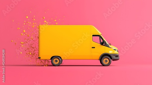 Dynamic yellow delivery truck in motion urban environment digital illustration vivid color contrast side view concept of fast transportation efficiency