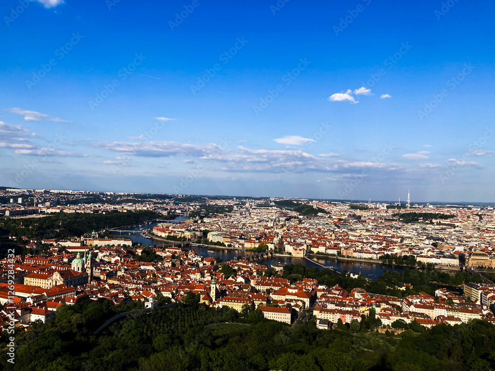 Fototapeta premium Prague scenic summer aerial view on the historical part of the city with the Vltava river and Charles Bridge.
