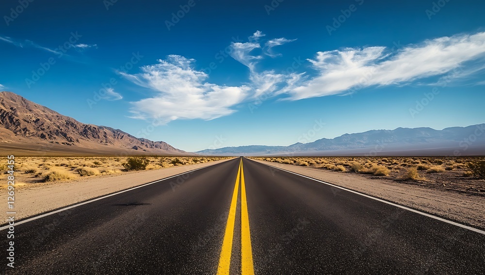 A long straight road stretches across a vast arid landscape under a bright blue sky with wispy clouds and distant mountains conveying a sense of journey adventure and open road freedom A long straight road stretches across a vast arid landscape under a bright blue sky with wispy clouds and distant mountains conveying a sense of journey adventure and open road freedom