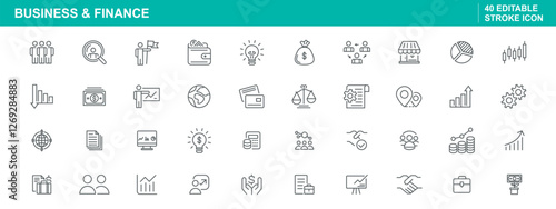 Business and finance icons in editable stroke style, icon set for business presentations, finance reports, and marketing materials, category: icon.