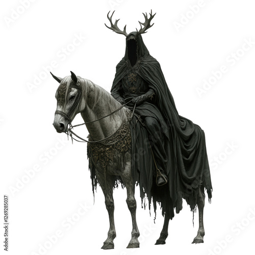 Ghostly figure on horse, cloaked in darkness with antlers, evokes mystery and legend. haunting presence that captures essence of folklore and supernatural