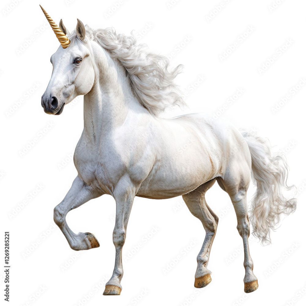 Majestic unicorn with flowing mane, symbolizing beauty and grace. This noble white horse features golden horn, embodying fantasy and elegance Majestic unicorn with flowing mane, symbolizing beauty and grace. This noble white horse features golden horn, embodying fantasy and elegance