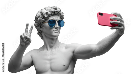 Classic greek ancient sculpture takes a modern selfie in sunglasses, showcasing a fun fusion of art and contemporary culture