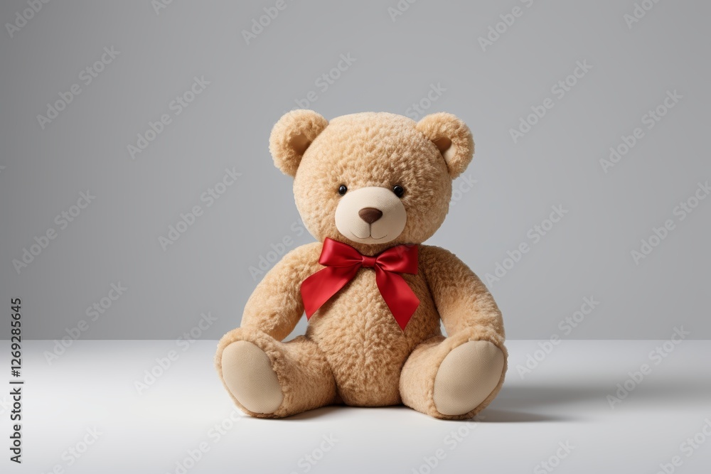there is a teddy bear with a red bow on it there is a teddy bear with a red bow on it