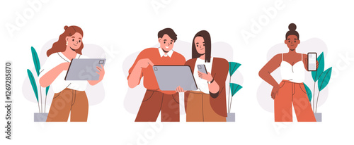 People using gadgets. Set of vector illustrations. Isolated