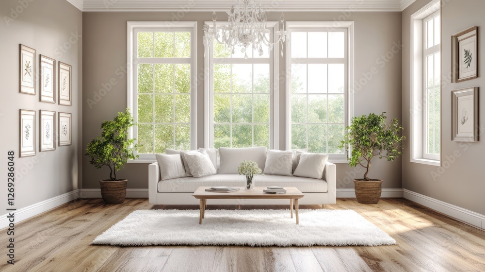 Fototapeta premium Spacious living room with large windows, natural light, and white sofa. Interior design