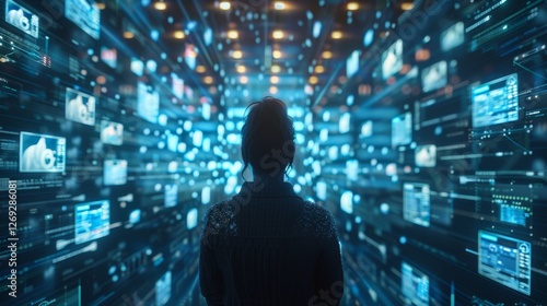 Wallpaper Mural A silhouetted figure stands in a digital space filled with floating data, images, and vibrant lights, symbolizing technology and information flow. Torontodigital.ca