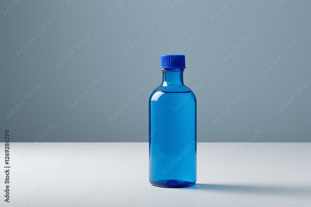 there is a blue bottle with a blue cap on a table there is a blue bottle with a blue cap on a table