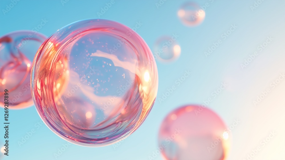 Abstract pink liquid bubble with reflections on blue sky background Abstract pink liquid bubble with reflections on blue sky background