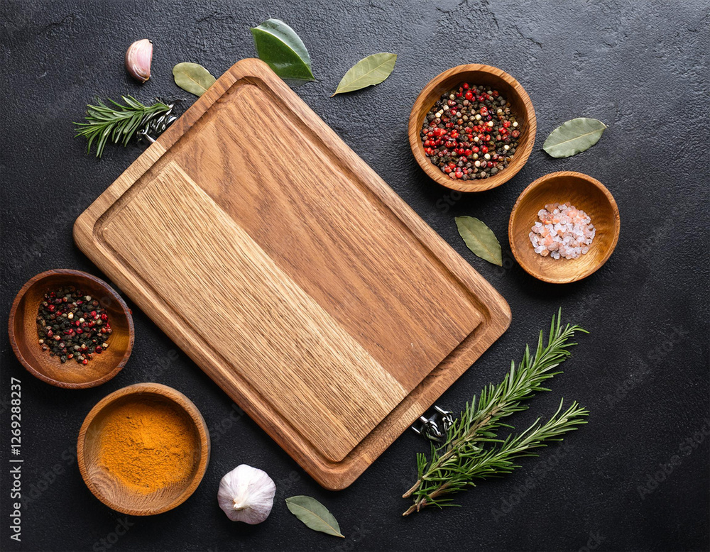 wooden cutting board and spices herb for food on black stone table wooden cutting board and spices herb for food on black stone table
