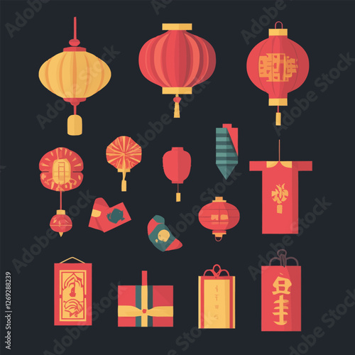 Traditional Chinese New Year symbols like red envelopes, lanterns, and firecrackers.