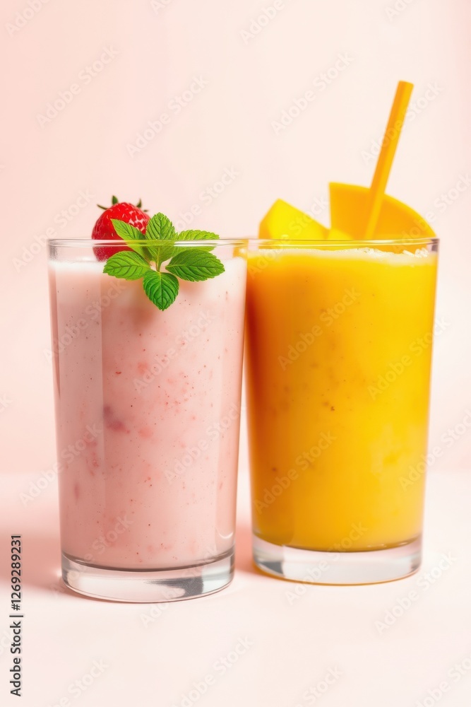 Refreshing fruit smoothies in glasses with strawberry and mango toppings against a light backdrop. Refreshing fruit smoothies in glasses with strawberry and mango toppings against a light backdrop.