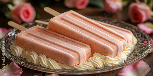 Strawberry Vanilla Popsicles with Dreamy Pastel Aesthetics Pastel pink strawberry popsicles infused with vanilla bean, artistically placed on a glass plate with loose rose petals. photo