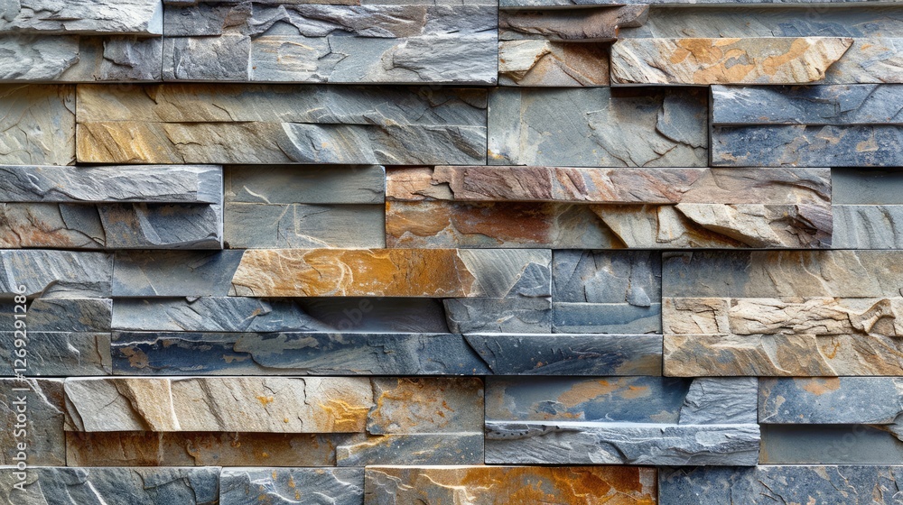 Close-up of textured stone wall featuring layered slate tiles in various shades, ideal for interior design projects Close-up of textured stone wall featuring layered slate tiles in various shades, ideal for interior design projects