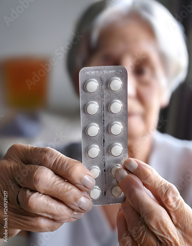 A close-up shot of elderly, wrinkled hands holding a medicine strip against a blurred hospital ward background, rendered in emotional realism with a focus on texture. Illustrating a medicine shortage