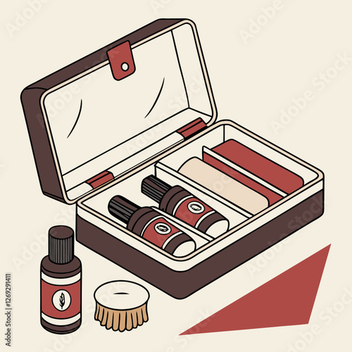 Flat vector illustration of open shoe care kit with polish, brush, cloth and applicator. Concepts: leather care, grooming tools, footwear maintenance, daily use, fashion accessory.