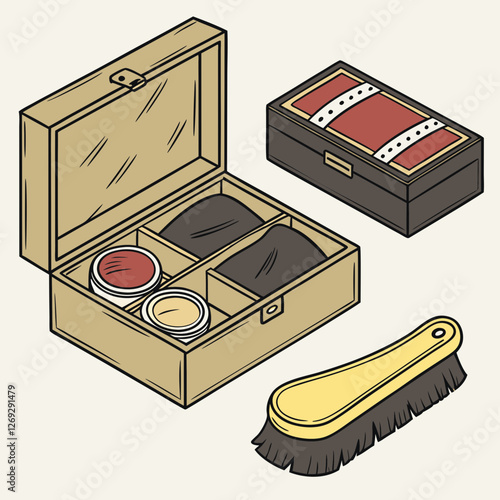 Vintage shoe shine kit with wooden box and brushes on rustic table. Traditional leather care tools arranged neatly. Home maintenance setup. Concept: Shoe repair, Leather goods, Vintage shop