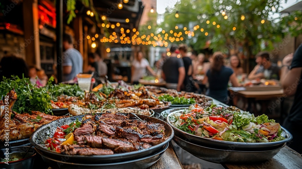 Fototapeta premium Delicious grilled meats and salads at a bustling outdoor restaurant.