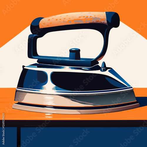 Vintage blue iron with wooden handle rests on orange surface. Mid-century design charm radiates nostalgia. Retro appliance perfect for display. Concept: Antique shop, Home decor, Vintage collectibles