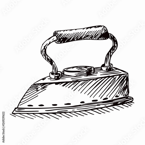 Hand-drawn sketch of historical flatiron shows fine detail. Vintage illustration captures authentic craftsmanship. Technical drawing style perfect for documentation. Concept: Historical archives, Muse
