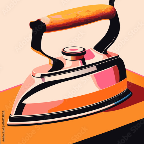 Stylized digital artwork of a classic metal iron with orange handle placed on a flat surface, viewed from an angle. Concepts: home appliance, ironing, cleaning routine, retro style, domestic life
