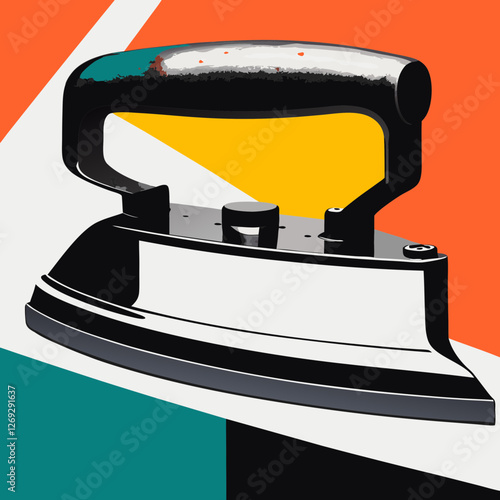 Classic black flatiron against geometric color blocks. Vintage design meets modern art composition. Bold orange and teal create retro atmosphere. Interior design, Vintage collection, Art gallery