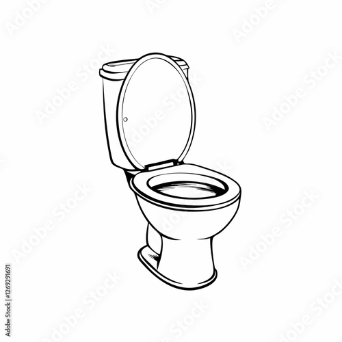 Basic line drawing of toilet with raised lid viewed from above. Minimalist bathroom fixture illustration for design reference. Concept: bathroom fixtures, home improvement, plumbing