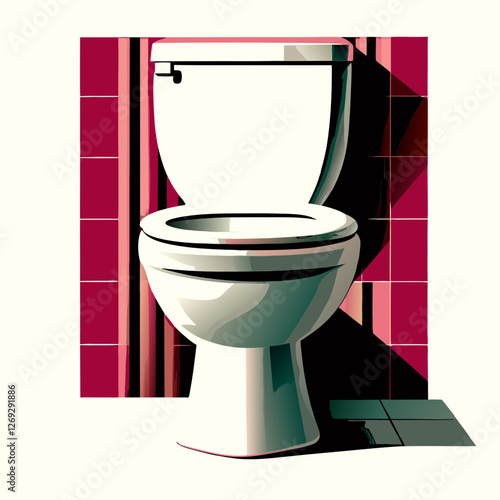 Realistic toilet illustration against burgundy tiled wall. Clean mid-century modern bathroom fixture design. Contemporary style. Concept: bathroom fixtures, home renovation, interior design