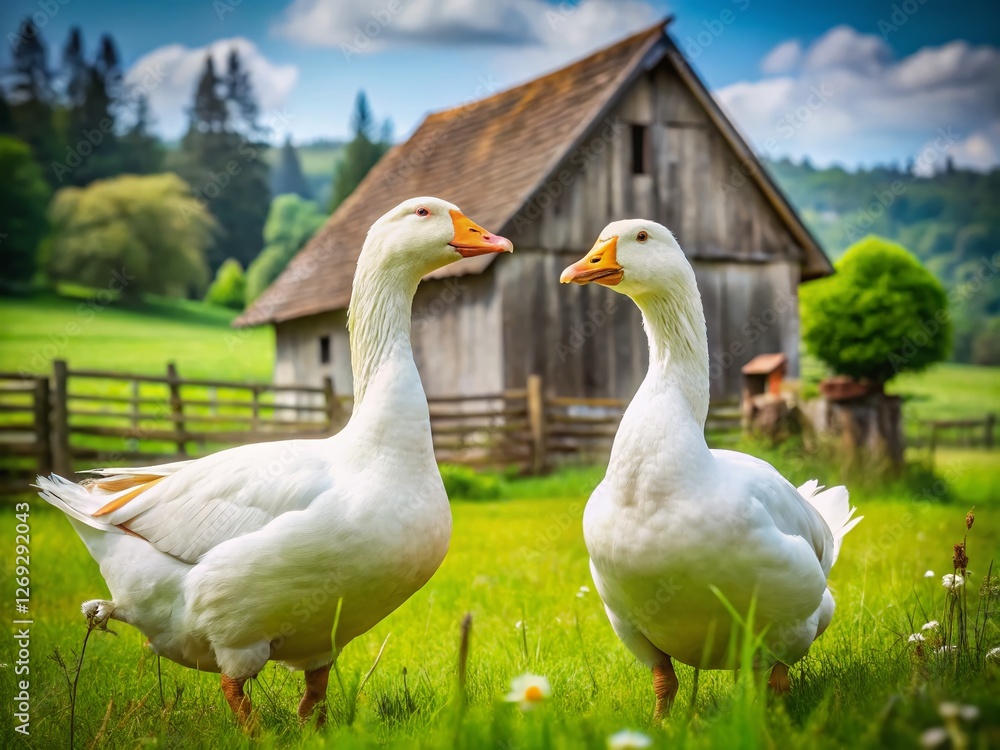 Obraz premium Two White Geese Grazing in a Rustic Countryside Farm Setting - Poultry Farming