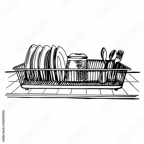 Technical illustration shows detailed dish rack with plates and utensils. Precise drawing captures practical kitchen organization. Concept: kitchen design, home organization, product manual